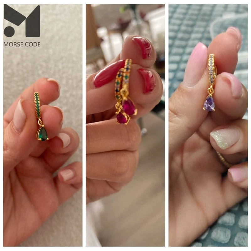 

MC Sterling Silver Women Earrings with Rainbow Color Hanging Crystal Zircon Water Drop Pendants Prevent Allergy Earring Hoops