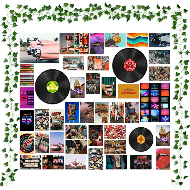 

48Pcs Retro Style Record Aesthetic Wall Photo Collage Kit Fake Vines Vintage Album Model Card Bedroom Decoration for Kids Adults