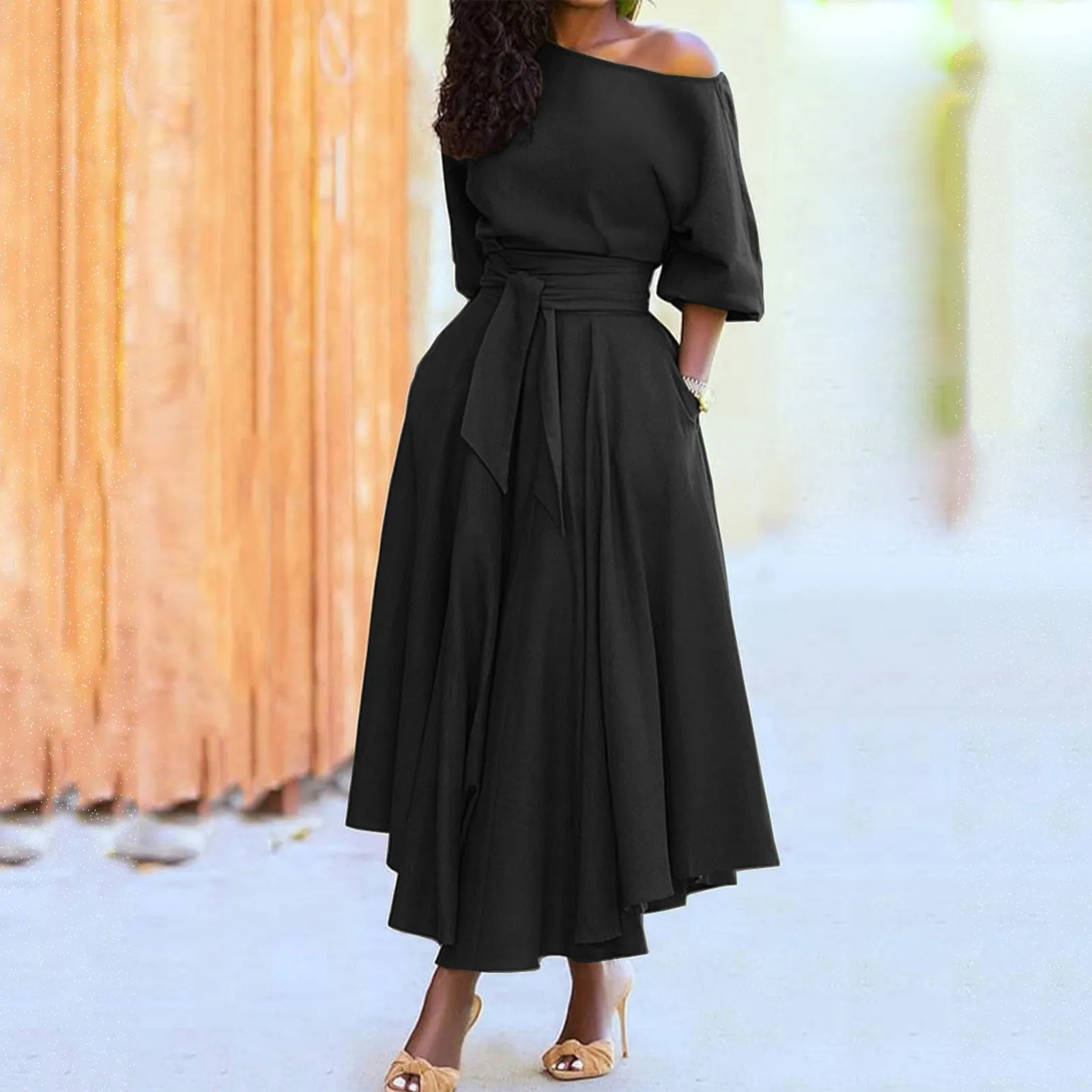

Women Fashion Office Lady Dress Women Elegant Long Sleeve Waist Bandage Sundress Casual Solid Midi Vestido De Mujer Plus Size