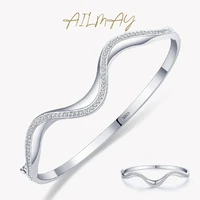 ailmay solid 925 sterling silver irregular new fashion simple wave line bracelets clear zircon europe wedding engagement jewelry