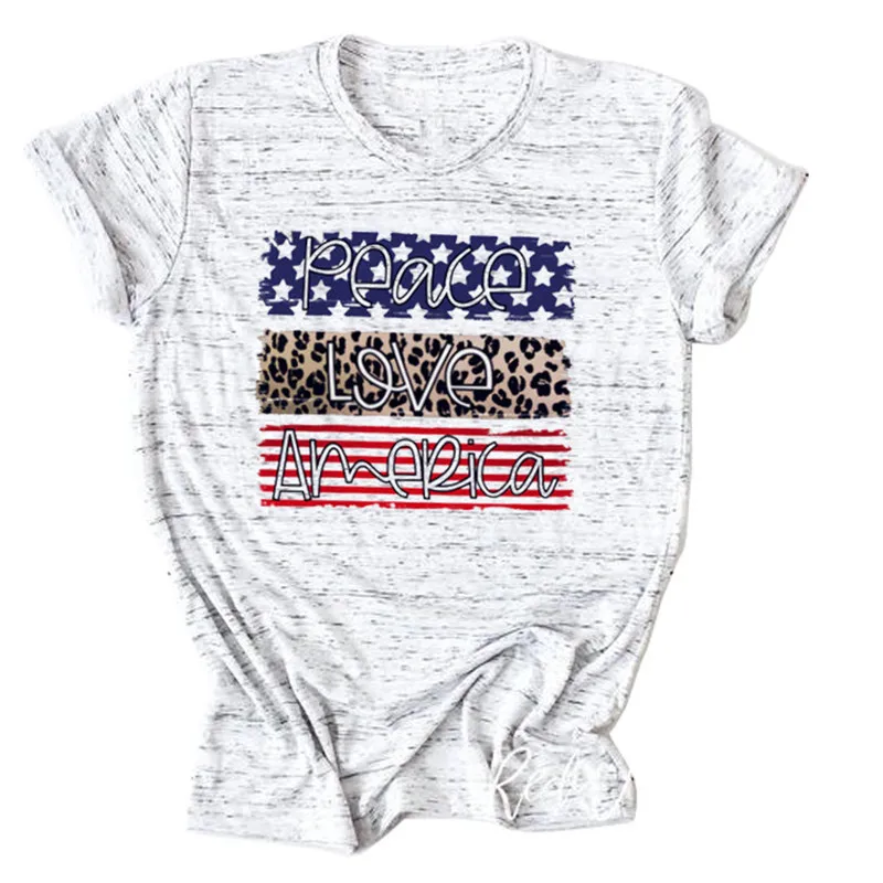 Women Peace Love America Leopard Print Trendy Floral Streetwear Funny Short Sleeve Aesthetic Soft Tee Top Casual T-Shirt | Женская
