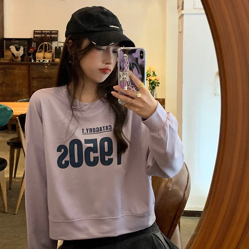 

Короткий свитер с круглым вырезом, тонкие женские топы с принтом для осени, новинка 2021, модный универсальный Повседневный студенческий стил...