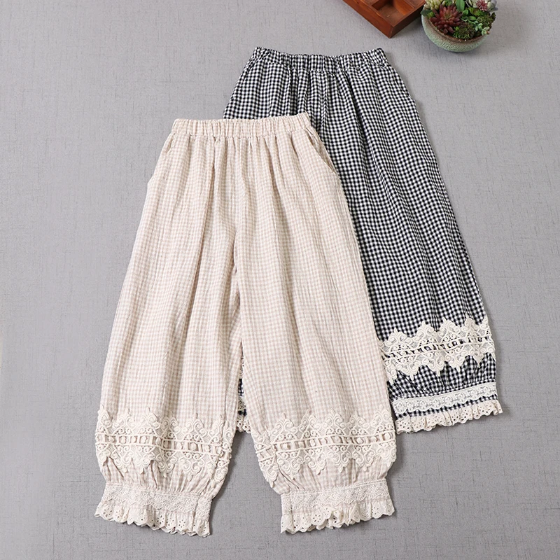 

Japan Style Mori Girl Cotton and linen Plaid Bloomers New Spring Summer Loose Lace Casual Cropped Pants