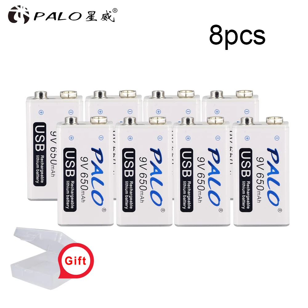 PALO 9V USB перезаряжаемые литиевые батареи батарея 650mah 9v bateria usb для рации Домашний Массажер металлический обнаружитель - Цвет: 8pcs