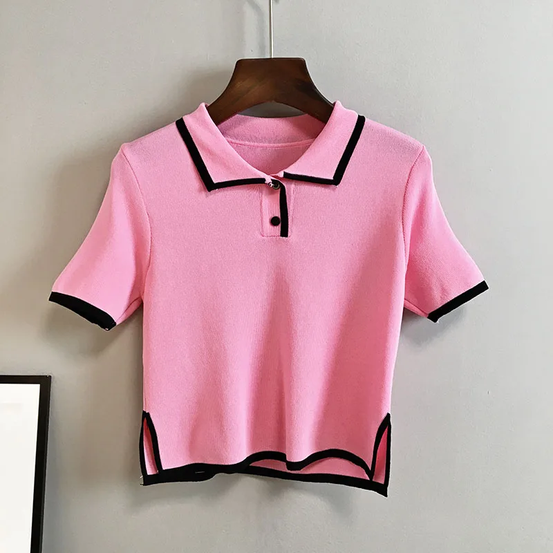 

Fashion Contrast Color Simple Slim Short Sleeve Knitted T-shirt Women 2021 Summer High Waisted Thin Sweater T shirt Crop Tops