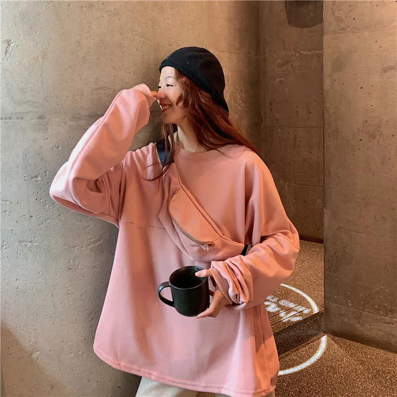 

Woman Sweatshirts 2021 Sweet Korean O-neck Knitted Pullovers Thick Autumn Winter Candy Color Loose Hoodies Solid Womens Clothing