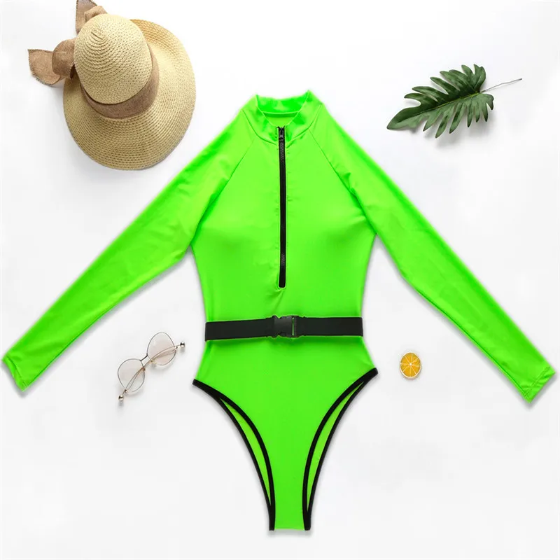 Sexy Zipper Long Sleeve Women Swimwear One Piece Swimsuit Female High Cut Monokini WaistBand Bather Bathing Suit Swim Bodysuit