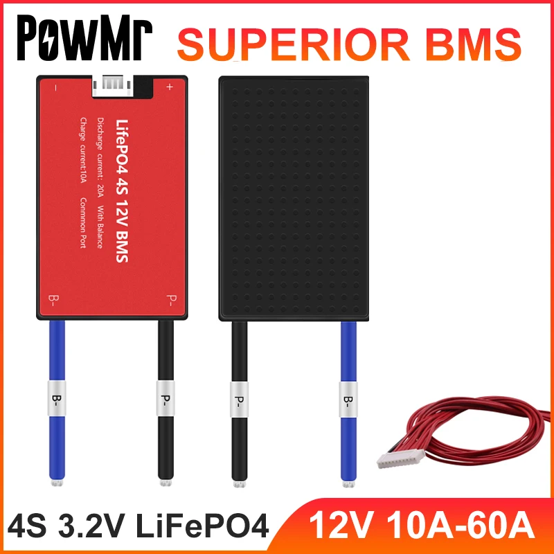 

PowMr 4S 3.2V LiFePo4 BMS 10A 15A 20A 30A 40A 50A 60A Common Port Lithium Battery Pack Protect Board With Balance For E-Scooter