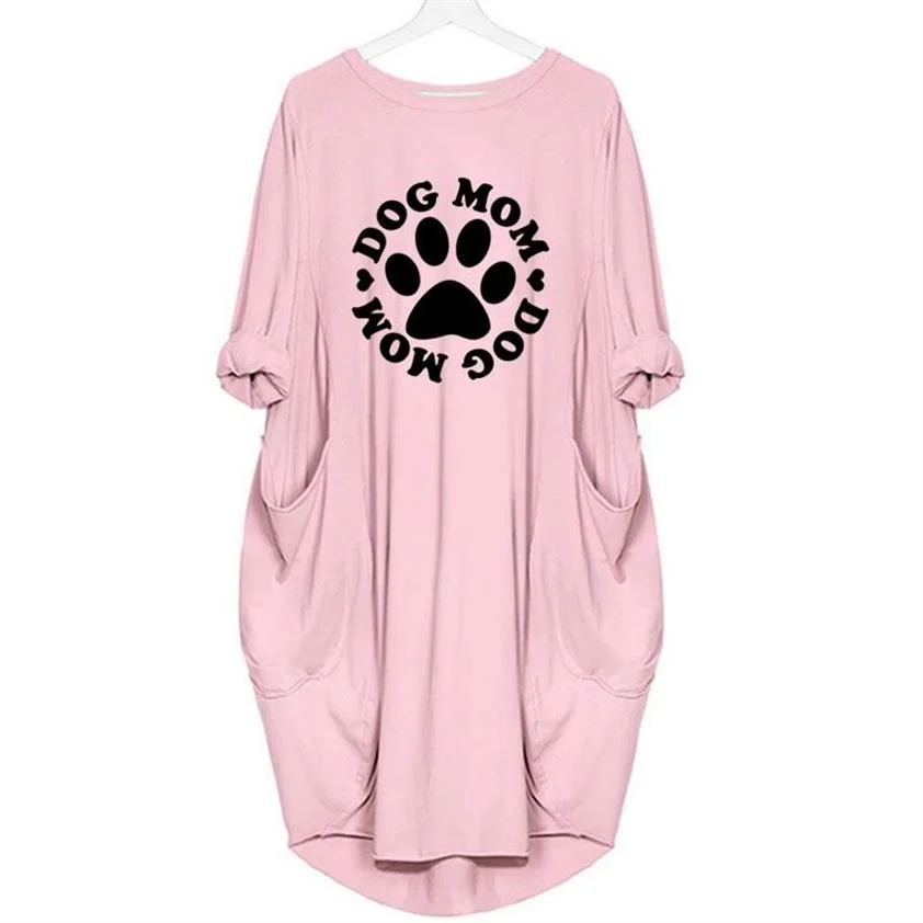 

DOG MOM Dog Paw Letters Print With Pocket T-Shirt Dress Harajuku Plus Size Vintage Dress O-neck Cute Women Long Sleeve Dresses