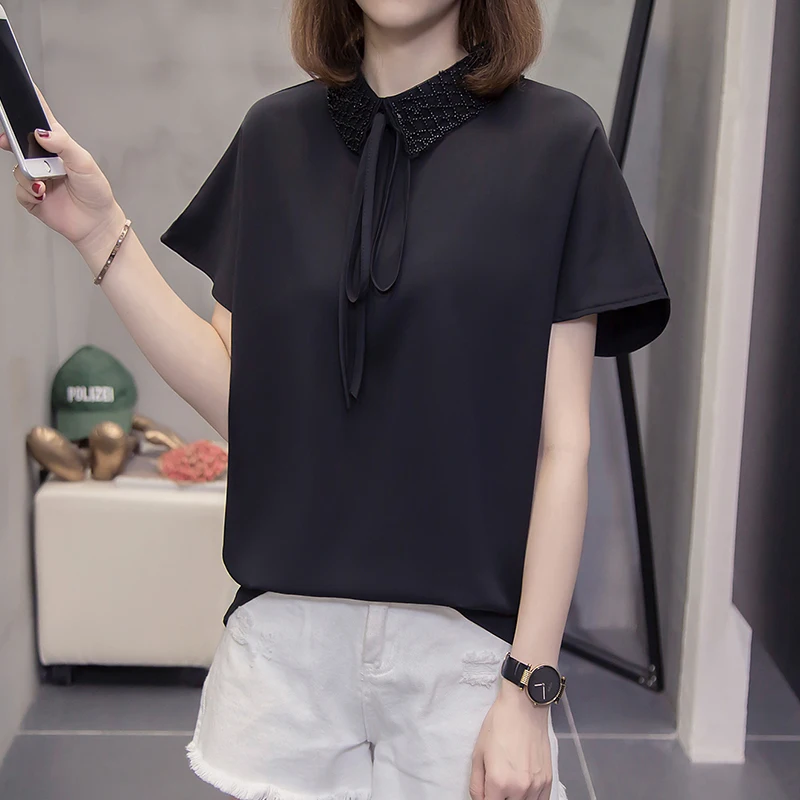 

4XL Plus Size Summer Elegant Women Blouses 2021 Chiffon Shirt Short Sleeves Turn-down Collar Lace Up Shirts Womens Casual Tops