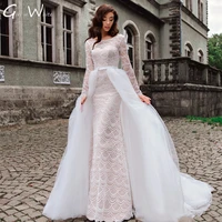 elegant scoop lace mermaid wedding dress with detachable train bridal gowns long sleeve lace up back bride to be robe mariage