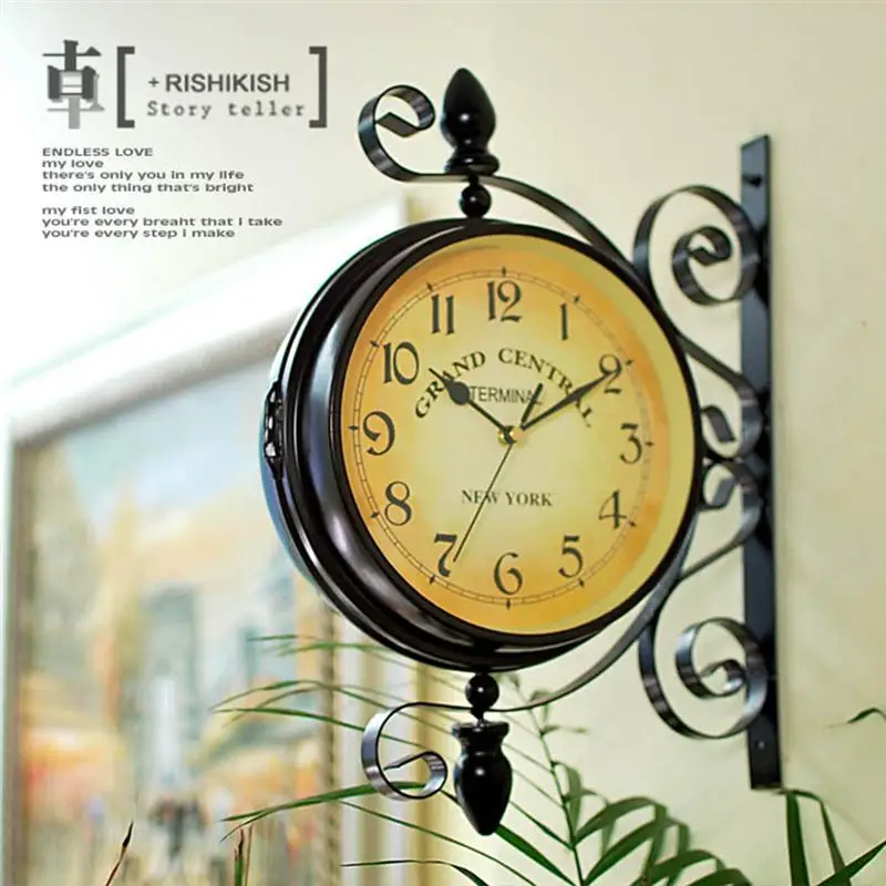 Vintage Double Sided Wall Clock Iron Silent Quiet Grand Central Station Classic Art Clock Home Garden Coffee Bar Decoration