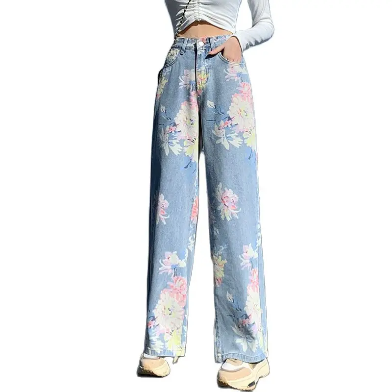 

Универсальные джинсы с принтом, новинка весны 2022, прямые брюки с высокой талией, свободные широкие брюки с драпировкой, модная женская одежд...