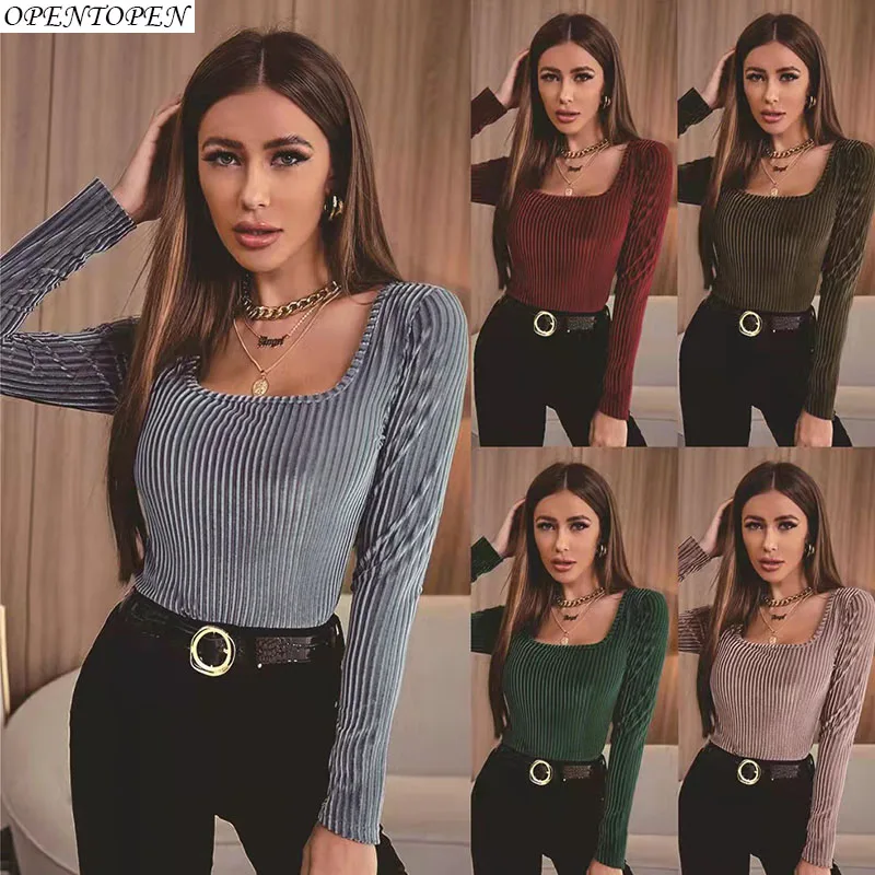 

OPENTOPNE Autumn Winter Women T-Shirts Pullover square collar solid color long-sleeved slim temperament commuter T-shirt women