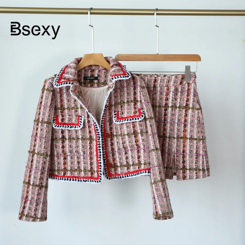 2019 зимний женский розовый твидовый в клетку пиджак юбка комплект высокого
