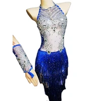 sparkling diamonds royal blue fringes women dress mesh perspective outfit nightclub singer stage wear latin dance costumes