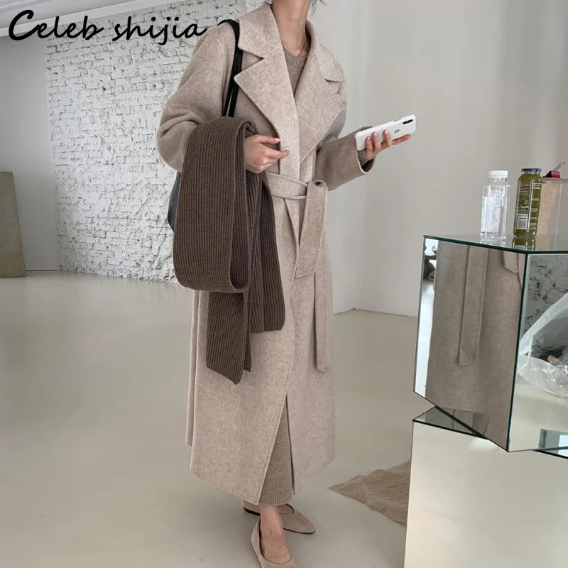 

Gray Street Wool Coats for Women Autumn Winter 2021 Chic Turn-down Neck Woman Parkas Blends Korean Lace Up Long Jacket Woolen
