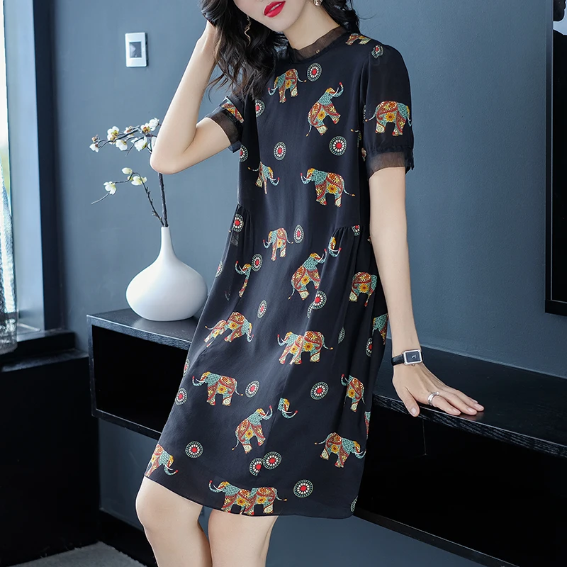 100% Real Silk Black Women's Dresses 2022 Summer Elegant Fashion O-neck Short Sleeve Vintage Print Loose Woman Straight Dress | Женская