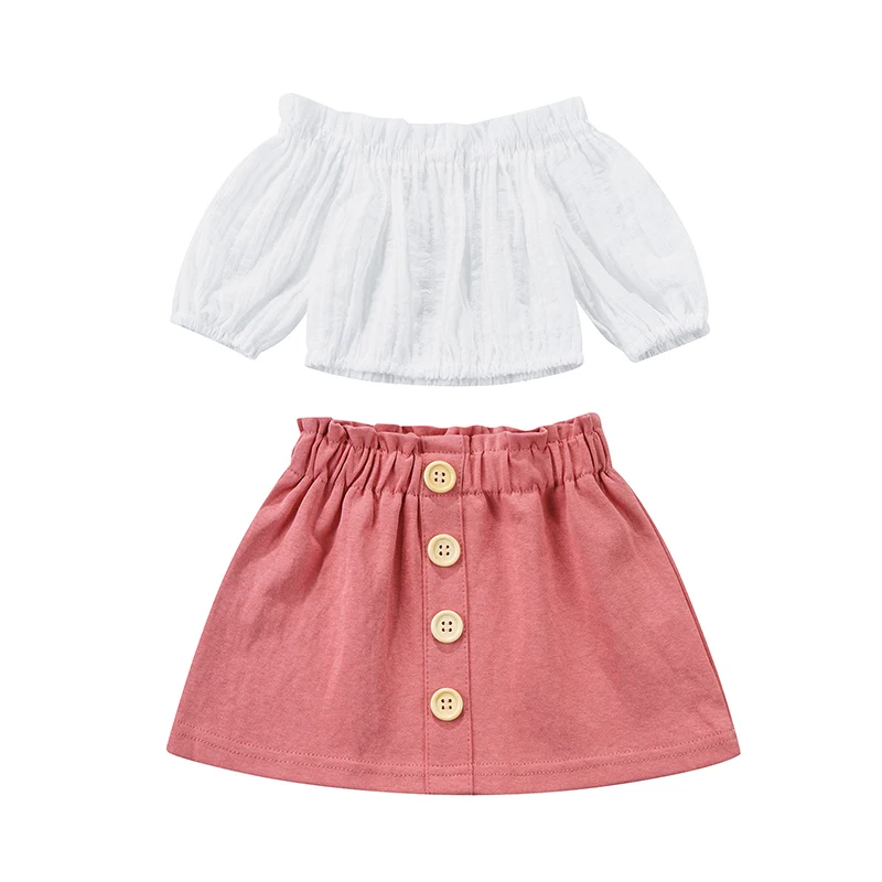 

Baby Girl Tops, Skirt Suit, Long Sleeve Off Shoulder Ruffle Shirt Casual Loose Skirt, Khaki/Red
