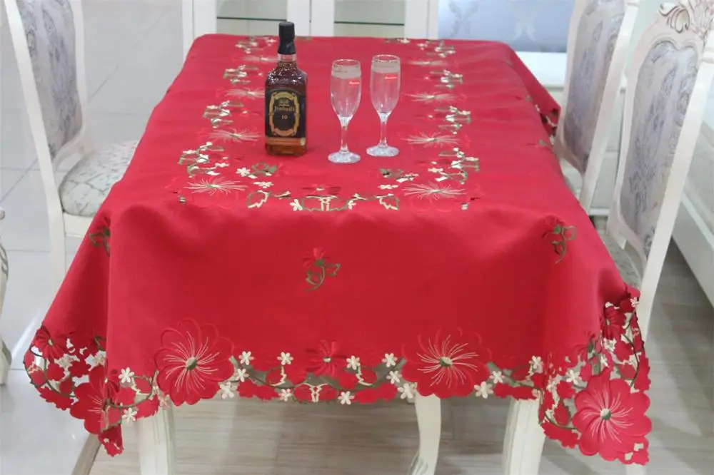 Брендовая Рождественская пластиковая сатиновая красная скатерть с вышивкой