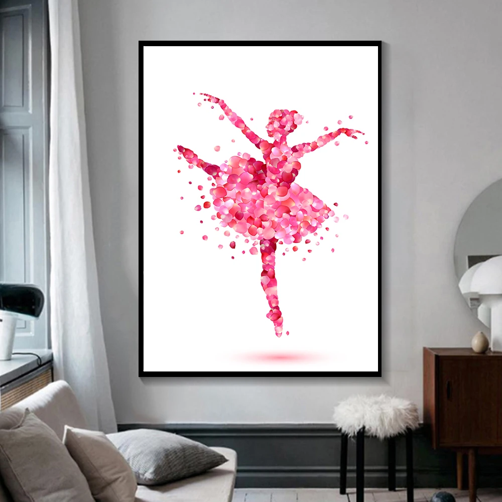 

Pink Beautiful Petal Girl Dancing on the Canvas Painting Modern Abstract Posters and Prints for Living Room Home Decor Unframed