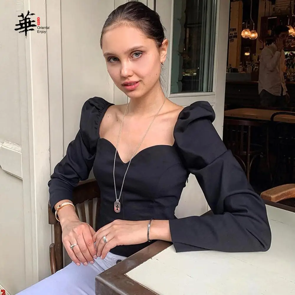 Женская коллекция, Сексуальная рубашка с квадратным вырезом и длинным рукавом-фонариком, однотонная, низкая, повседневная, Ретро рубашка, топы - Цвет: Black