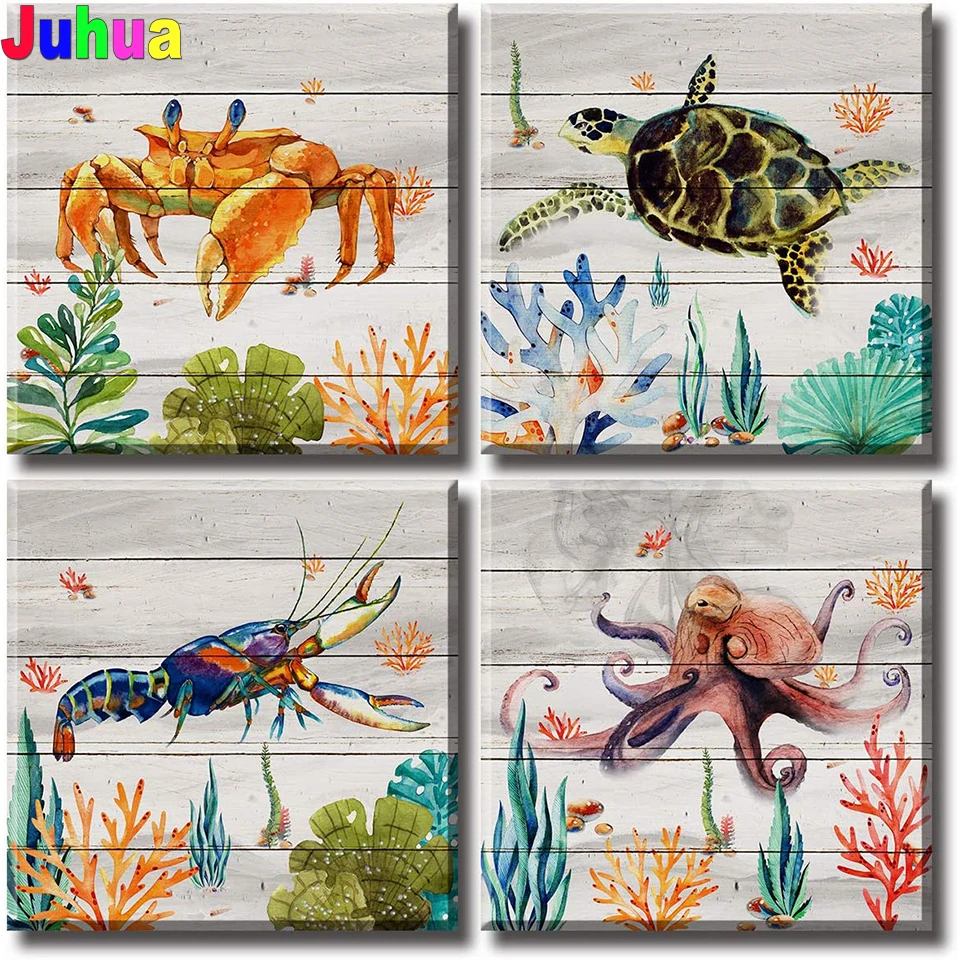 

4 Piece Diamond Embroidery Turtle Octopus Watercolour Pattern Diamond Painting 5d diy Full Square drill pictures of rhinestones