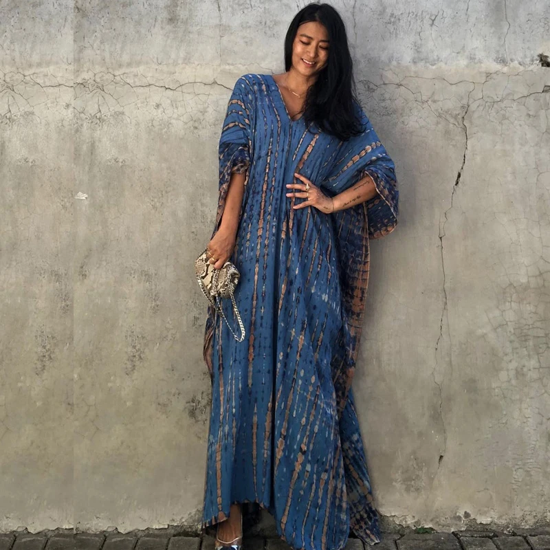 

2021 Bohemian Printed Women Beach Dress Bathing Suit Cover Up Summer Tunic For Woman Beachwear Robe de plage Kaftan Q1218