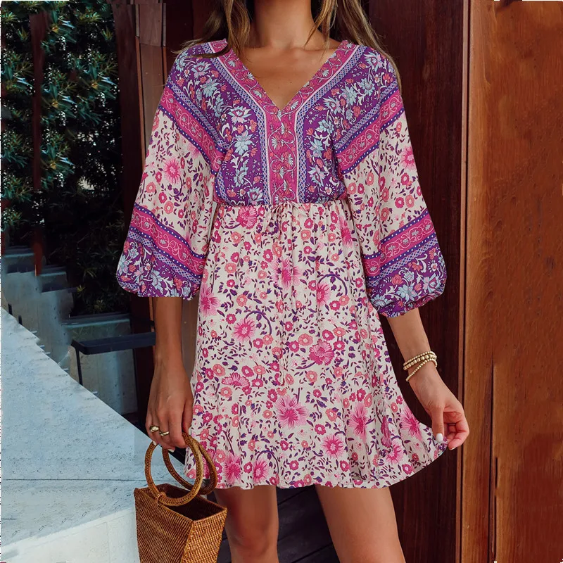 

Fashion High Waist Lace-Up Ruffle Stitching A-Line Mini Dresses For Women 2021 Summer New V-Neck Lace Positioning Flower Dress