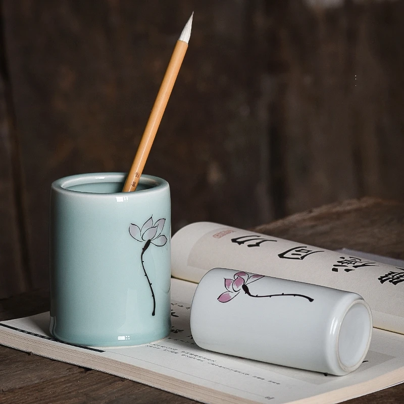 

Chinese Porcelain Lotus Design Pencil Holder Painting Calligraphy Office Supplies Desk Accessories Durable Stationery Organizer