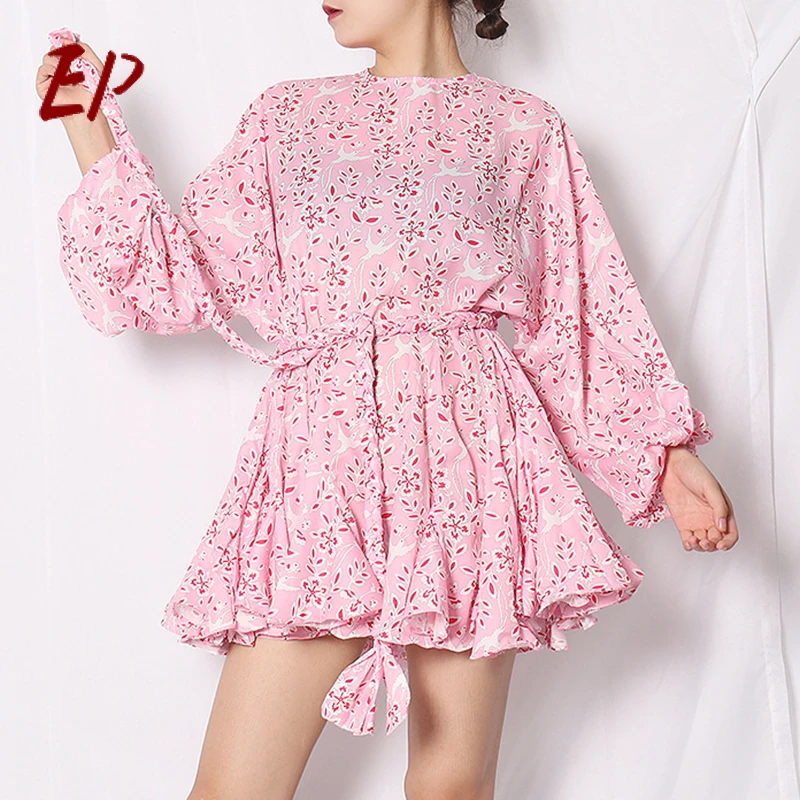 

Женское платье-трапеция с длинным рукавом-фонариком, круглым вырезом и высокой талией, лето 2021