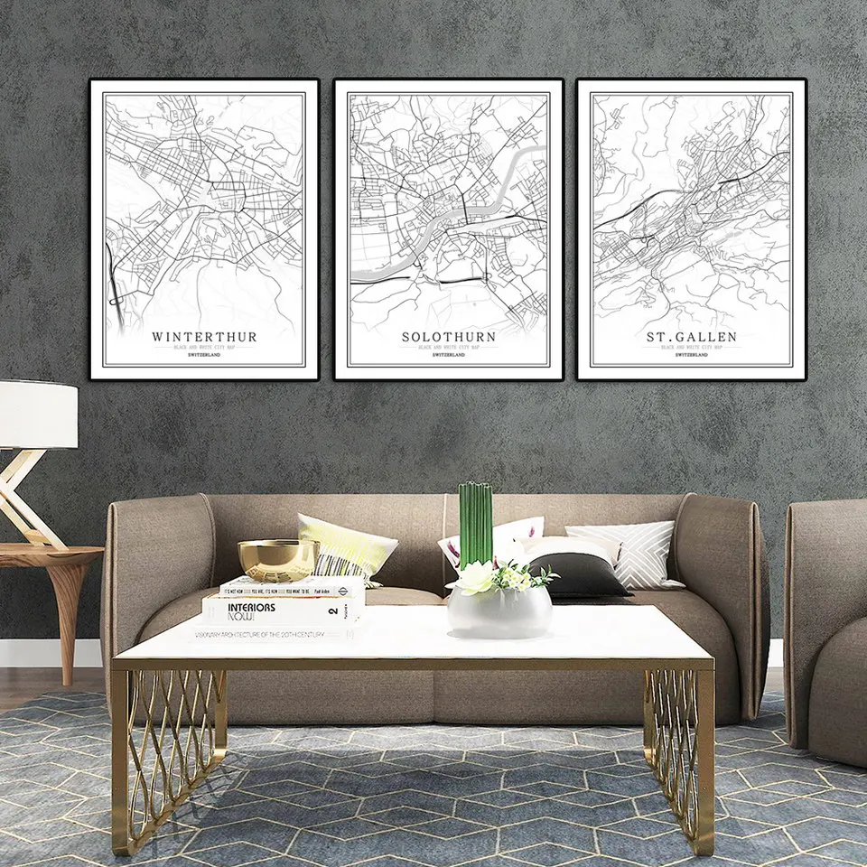 Switzerland Black White World City Map Poster Nordic Living Room Bern Lausanne Biel Wall Art Pictures Home Decor Canvas Painting | Дом и сад