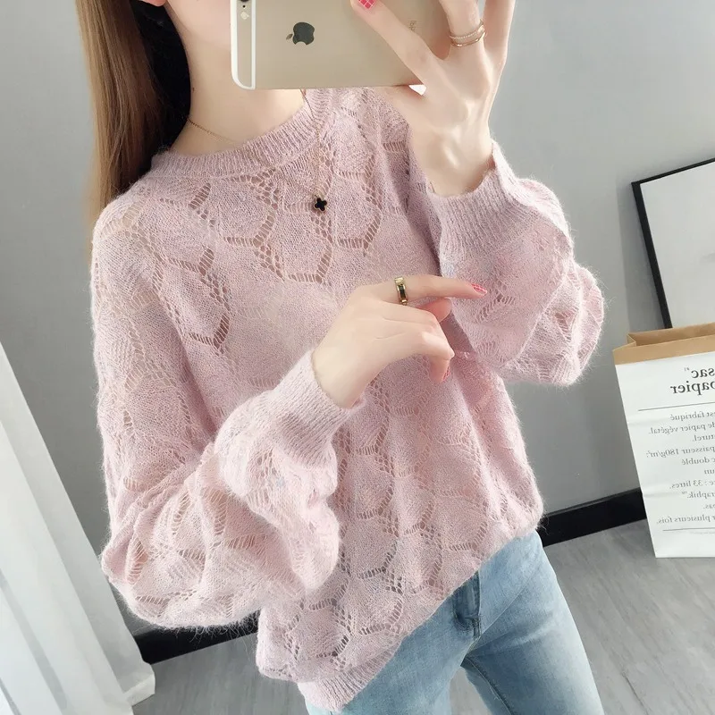 Женский мохеровый пуловер тонкий вязаный с длинным рукавом круглым вырезом для