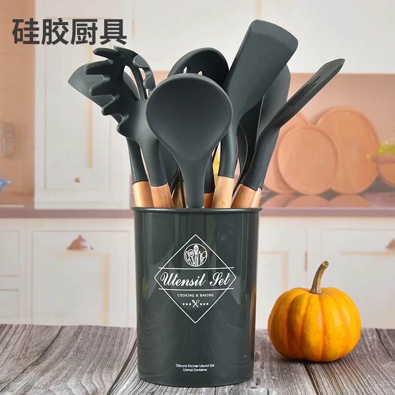 

11PC/SET Silicone Wooden Handle Kitchenware Suit Non-stick Spatula Shovel Kitchen Tool Accessories Bake Supplies