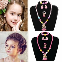 4pcsset cute cartoon flower for girls party beads pendant chain necklaces earrings ring kids jewelry set