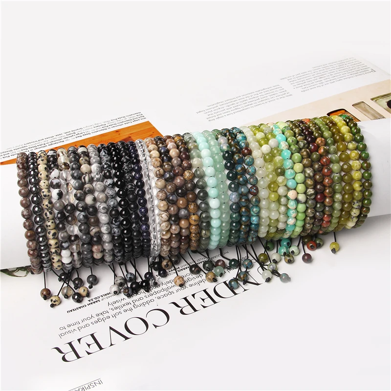 

Men Bracelets Adjustable 6 mm Natural Green Jad Amazonite Black Labraodirte Stone Beads Bracelet Women Black Rope Vintage Bangle