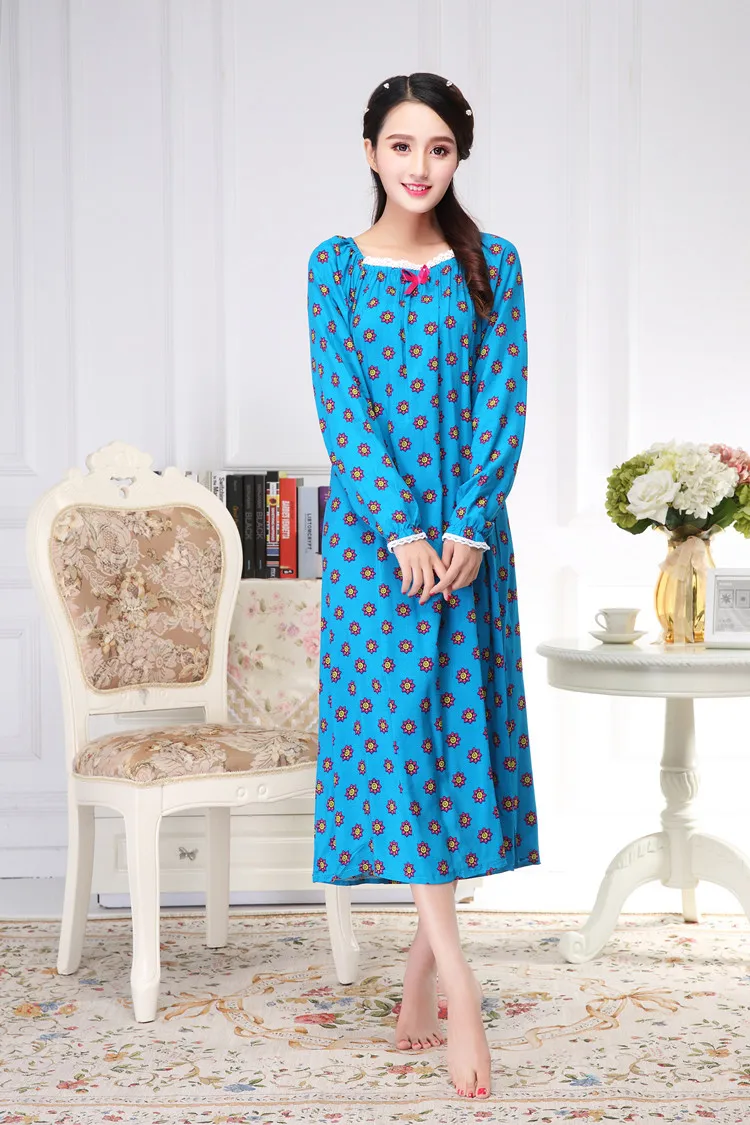 

Spring And Autumn New Sweet Lady Long Sleeve Cotton Dress With Long Style Plus Size Home Dress Loose-Fitting Princess Nightgown