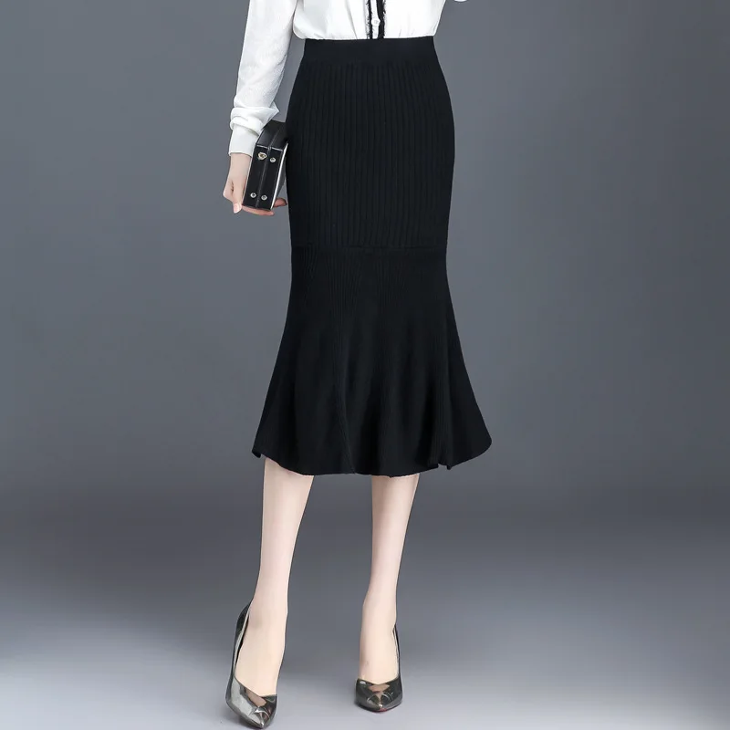 faldas mujer moda 2019 skirts womens autumn winter knit high waist pleated long skirt wool fishtail gothic female jupe femme | Женская