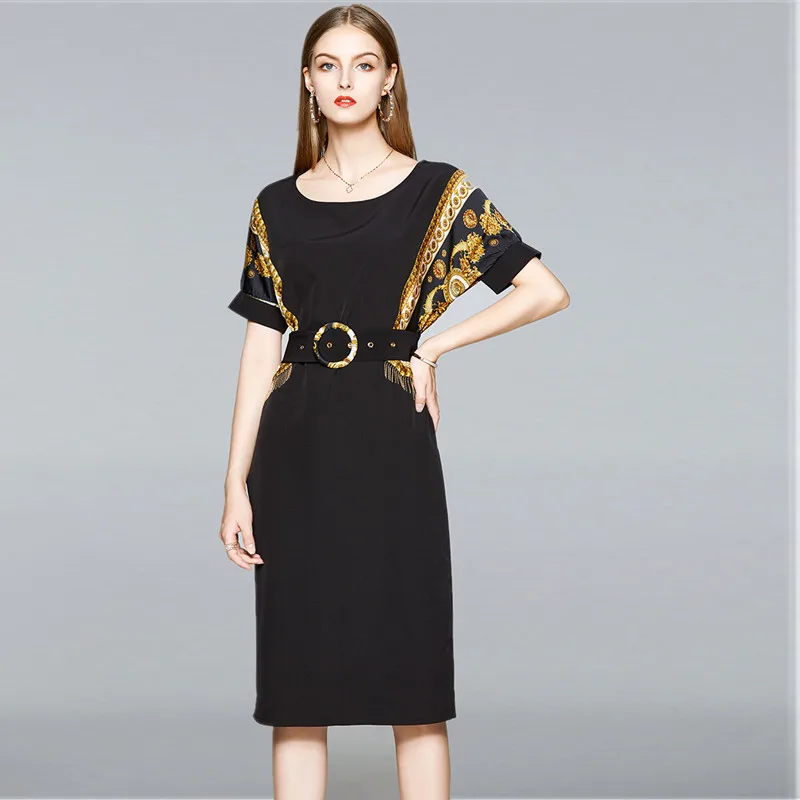 

Runway Designer Summer Fashion Woman Clothes Chic Batwing Sleeve Vintage Print Patchwork Beading Tassel Loose Casual Dress