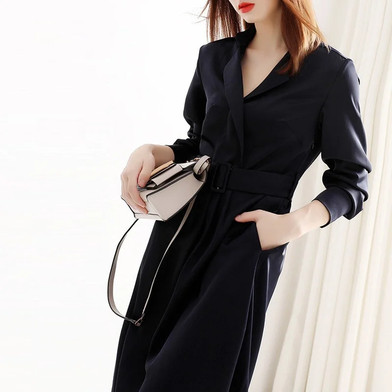 

2021 Spring New Fresh All-match Trench Dresses for Women Fashion V-neck Lace Up One Piece Elegant Office Lady Vestido Feminino