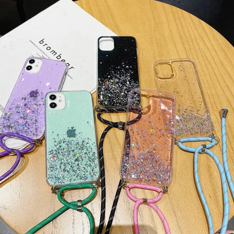 

Crossbody Necklace Lanyard Glitter Bling Phone Case For iPhone 12 Mini 11 Pro Max X XS MAX XR 7 8 6 6S PLUS SE 2020 Back Cover
