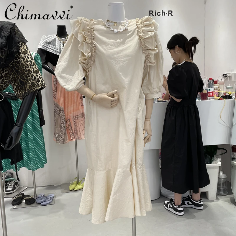 

Korean Fashion Fungus Patchwork Ruffled Dress 2021 Summer Loose Slimming Fishtail Dress for Women Simple Elegant Midi Dress