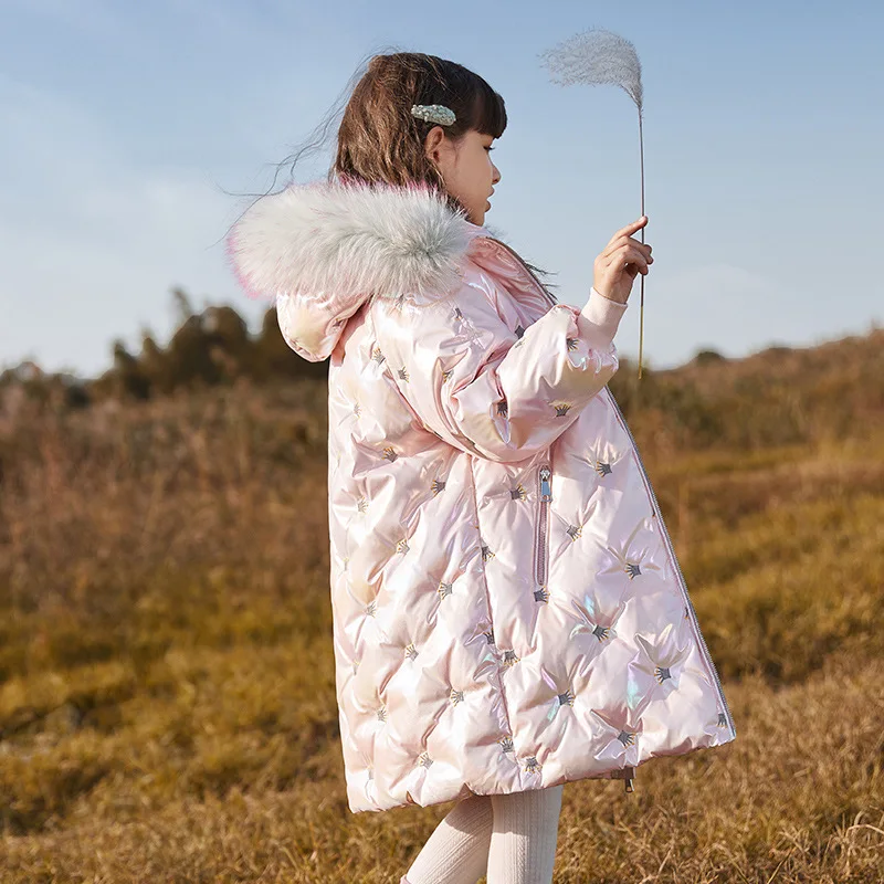 

Пуховик с капюшоном для девочек, детское пальто средней длины на белом утином пуху, новинка 2021 года