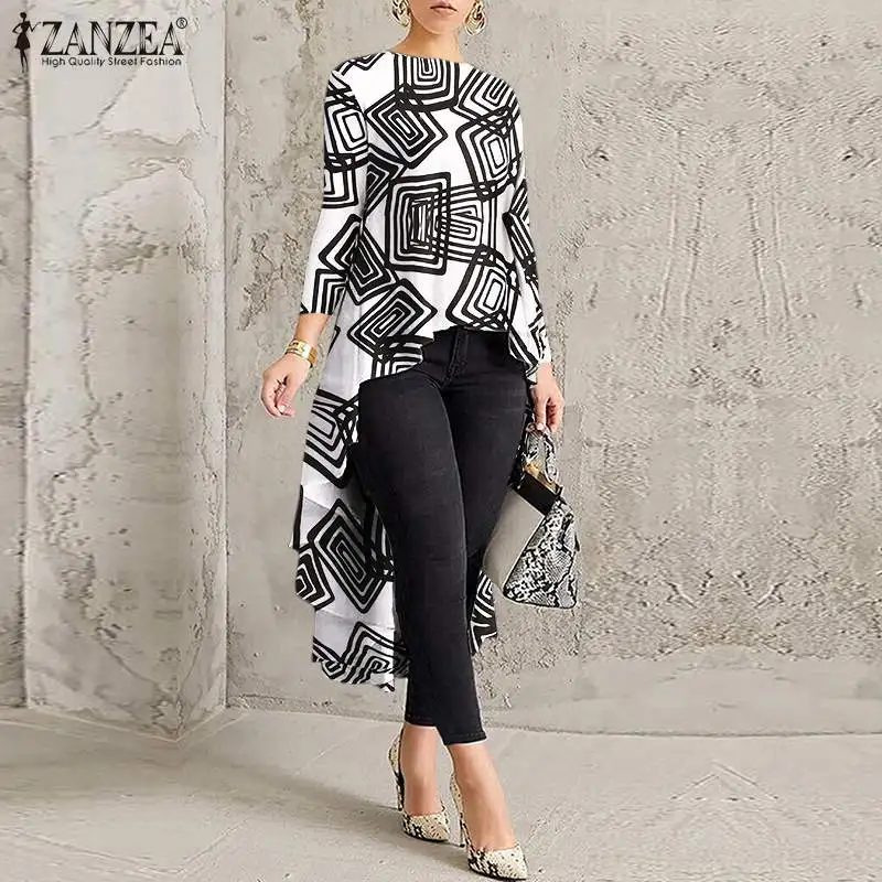 

Women Casual Long Sleeve Blusa Irregular Blouse 2023 ZANZEA Elegant Geometric Printed Tops Female O Neck Tunic Chemise