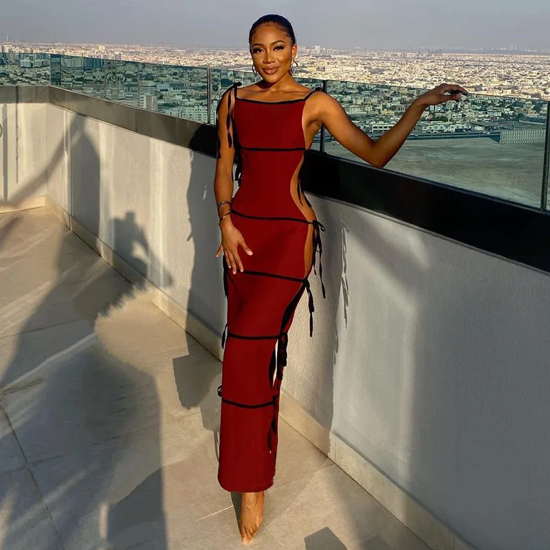 

Red Temperament Suspenders Sleeveless Straps Hollow Ladies Dress Sexy Sleeveless Italian Beach Party 2021 One-piece Dress Women