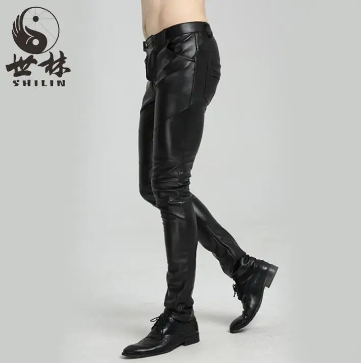 Straight faux leather pants mens feet pants レザーパンツ　メンズ black fashion motorcycle pu trousers for men pantalon homme spring autumn