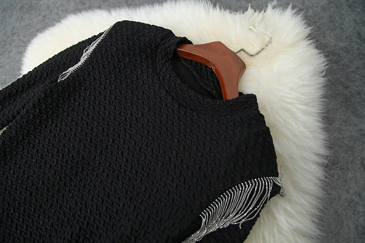 

European and American women's wear 2020 winter new style Long - sleeved standneck studded beaded tassels Fashion knit dress