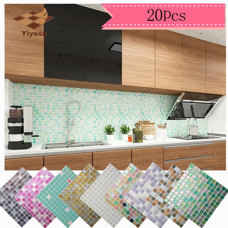 Azulejo de mosaico autoadhesivo para decoración del hogar, pegatina de vinilo para pared contra salpicaduras, baño, cocina, bricolaje, 20 piezas