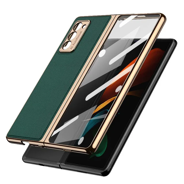 

Leather+Tempered Glass Full Protection Hard Case For Samsung Galaxy Z Fold 2 Case Luxury Plating Edge Cover For Samsung Z Fold2