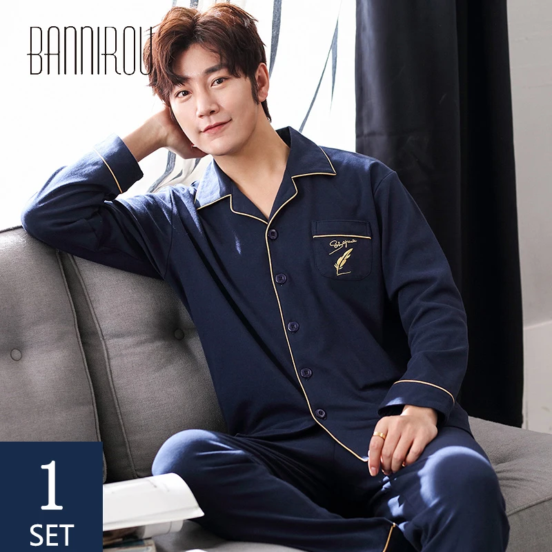 

BANNIROU Pajamas Men 2 Pieces Pyama Man Set Spring Sleepwear For Man Men's Pajamas Men's Home Clothes Cotton Pajamas For Men